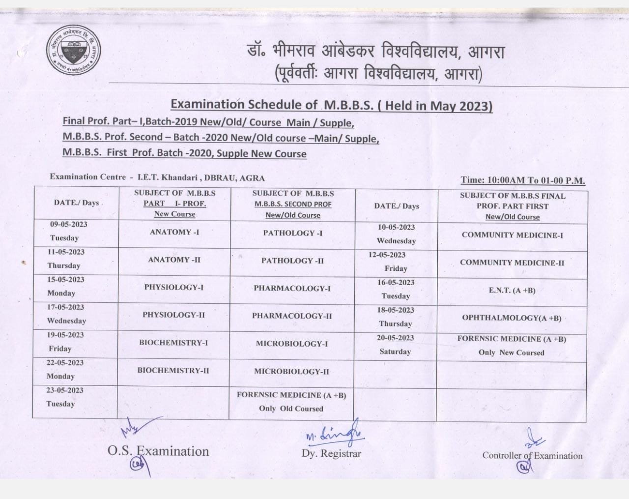Dr BR Aambedkar Univ Agra Release Examination Schedule For MBBS Batch 